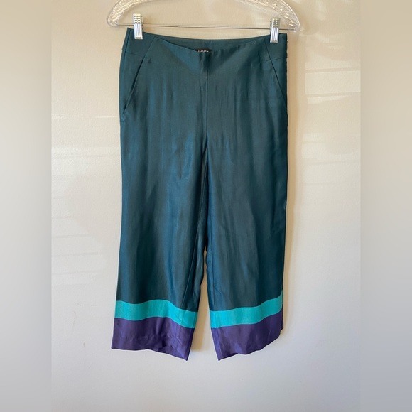 ⭐️ Ann Taylor Loft Wide Leg Cropped Silky Teal Color Block Pants size 00 Petite - Picture 2 of 7